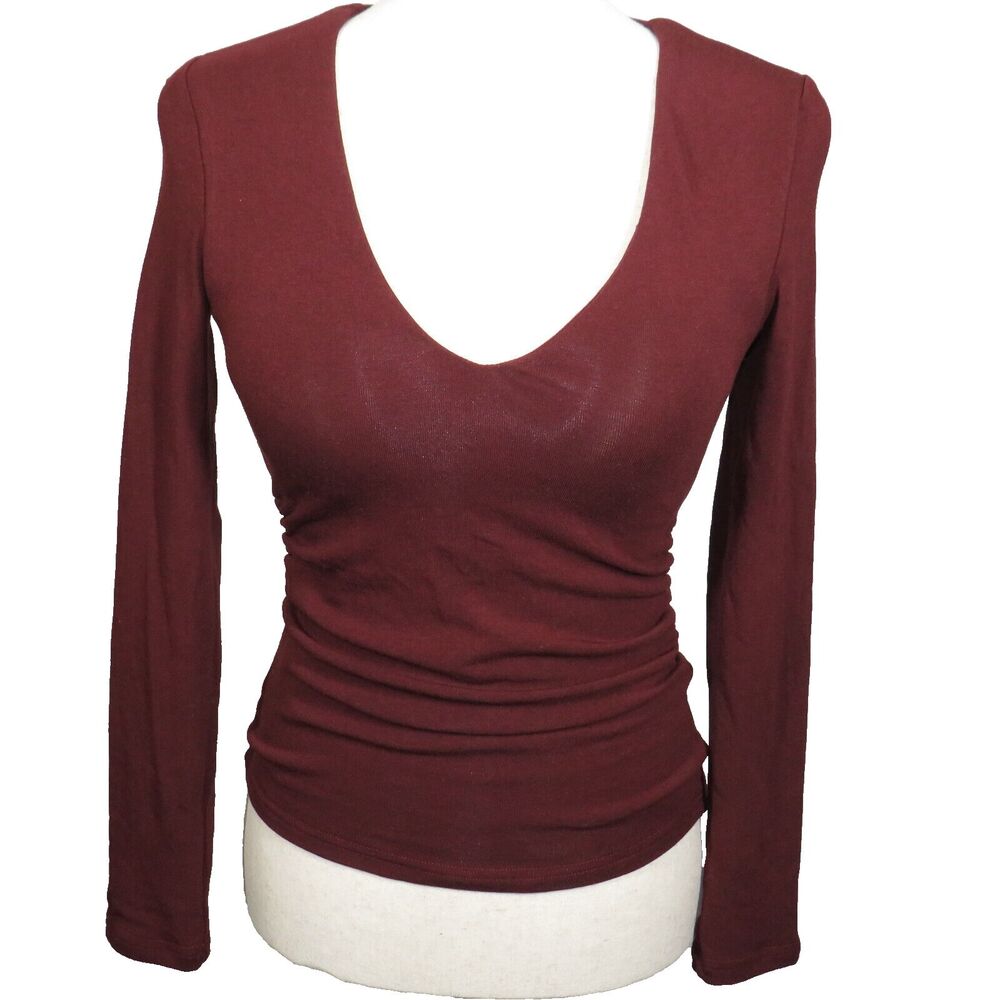 OGL Soft Cozy Eco Mousse Side Ruched Long Sleeve V Neck Bra Top Ruby Size XS